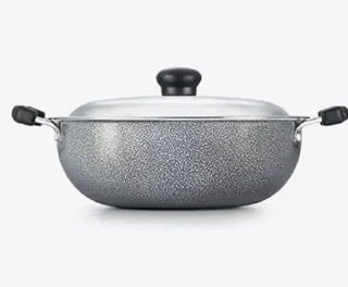 Prestige Aluminium Omega Select Plus Non-Stick Round Base Kadhai with Lid, 25 cm, Black