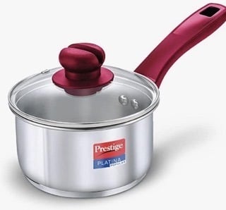 Prestige Platina Popular Stainless Steel Gas and Induction Compatible Sauce Pan with Glass Lid, 140 mm