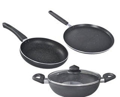 Prestige Omega Deluxe Granite Aluminium 3 Piece Set- Tawa, Fry Pan & Kadai with 1 Glass Lid|Made Using German Technology|Non-Stick|Spatter-Coated Surface|Induction and Gas Compatible Base|Black-1