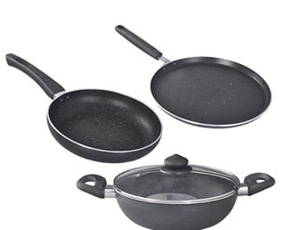 Prestige Omega Deluxe Granite Aluminium 3 Piece Set- Tawa, Fry Pan & Kadai with 1 Glass Lid|Made Using German Technology|Non-Stick|Spatter-Coated Surface|Induction and Gas Compatible Base|Black