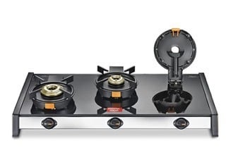 Prestige Svachh GTSV-03 Easy Clean Glass-Top 3 Brass Burner LPG Gas Table | Black | Liftable Burner Set | Sturdy Pan Support | Ergonomic Knob Design | Rubber Bottom Pads