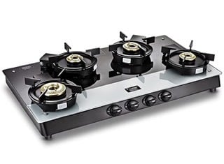 Prestige Svachh Duo GTSD 04 L Toughened Glass with Liftable 4 Burners Gas Stove, Black, Manual Ignition