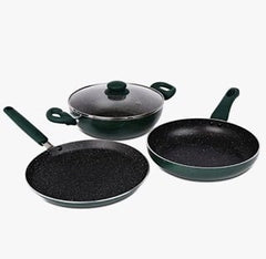 Prestige Omega Deluxe Non-Stick Cookware 3 Pc Set | PFOA Free 5-Layer Coating | Omni Tawa 25 cm | Fry Pan 24 cm | Kadai with Glass Lid 24 cm | Moss Green | Dishwasher Safe-1