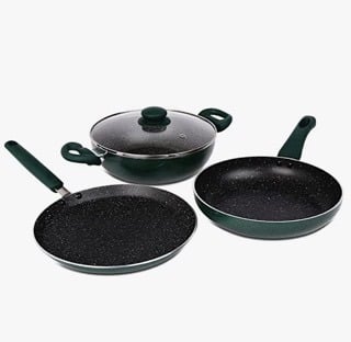 Prestige Omega Deluxe Non-Stick Cookware 3 Pc Set | PFOA Free 5-Layer Coating | Omni Tawa 25 cm | Fry Pan 24 cm | Kadai with Glass Lid 24 cm | Moss Green | Dishwasher Safe