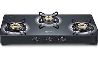 Prestige Royale Plus Schott Glass 3 Burner Gas Stove, Manual Ignition, Black