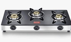 Prestige Marvel Plus Stainless Steel 3 Burner Glass Top Manual Gas Stove, Black, GTM 03-1