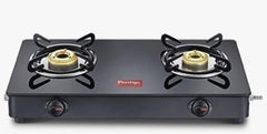 Prestige Magic plus Toughened Glass-Top 2 Brass Burner LPG Gas Stove(GTMP-02) | Black Spill Proof Design | Ergonomic Knob | Tri-Pin Burner-1