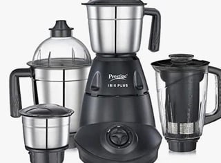 பிரெஸ்டீஜ் ஐரிஸ் பிளஸ் 750 W மிக்சர் கிரைண்டர், 4 ஜாடிகள் (3 ஸ்டெயின்லெஸ் ஸ்டீல் ஜாடிகள் + 1 ஜூசர் ஜாடி)| 4 சூப்பர் திறமையான ஸ்டெயின்லெஸ் பிளேடுகள் | 2 வருட உத்தரவாதம்| கருப்பு 