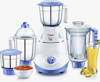 Prestige Iris 750 Watt Mixer Grinder with 3 Stainless Steel Jar + 1 Juicer Jar (White and Blue)