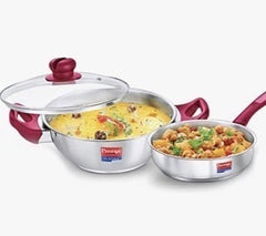 Prestige Stainless Steel Platina Popular Gas Compatible Fry Pan, 24 Cm (2.25 L) + Platina Popular Kadai with Glass Lid, 24 Cm (2.8 L) Kitchen Set-1