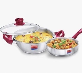 Prestige Stainless Steel Platina Popular Gas Compatible Fry Pan, 24 Cm (2.25 L) + Platina Popular Kadai with Glass Lid, 24 Cm (2.8 L) Kitchen Set