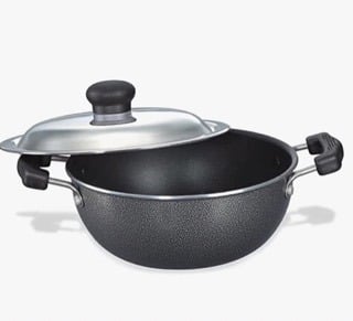 Prestige Omega Select Plus Aluminium Flat Base Non-Stick Coating Kadai with SS Lid, (Black)