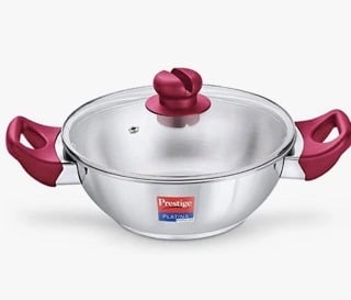 Prestige Platina Popular Stainless Steel Gas and Induction Compatible Kadai with Glass Lid, 260 mm