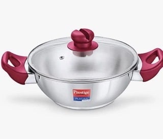 Prestige Platina Popular Stainless Steel Gas and Induction Compatible Kadhai with Glass Lid, 24 cm, Silver