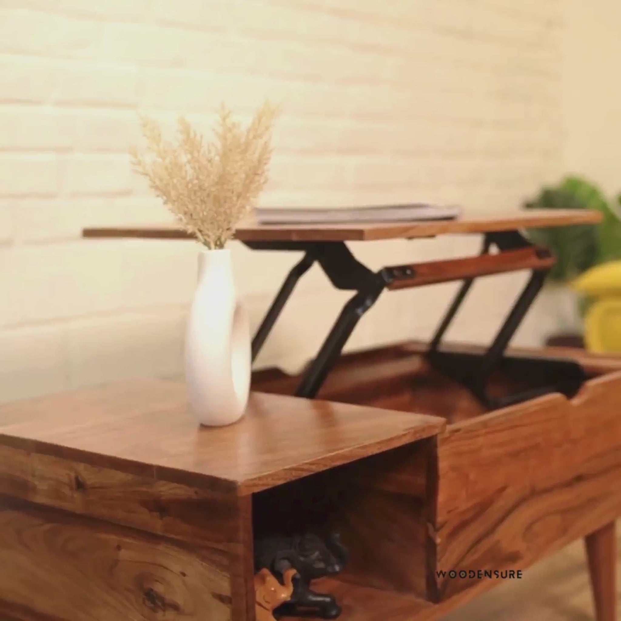 Modern Lift-Top Center Table with Hidden Storage & Side Shelves – Rustic Finish