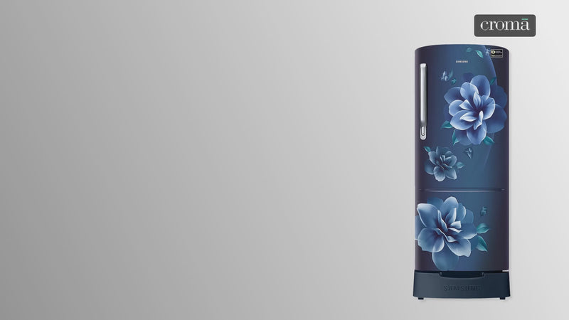 SAMSUNG Stylish Grande 223 Litres3 Star Direct Cool Single Door Refrigerator with Base Stand Drawer (RR24C2823CU/NL, Camellia Blue)