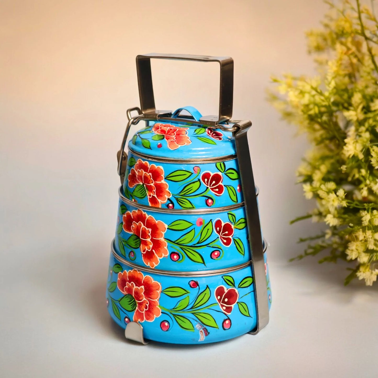 Shri-badri Hand Painted 3 Tier Steel Tiffin - Sky Blue
