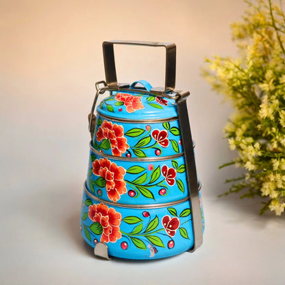 Shri-badri Hand Painted 3 Tier Steel Tiffin - Sky Blue