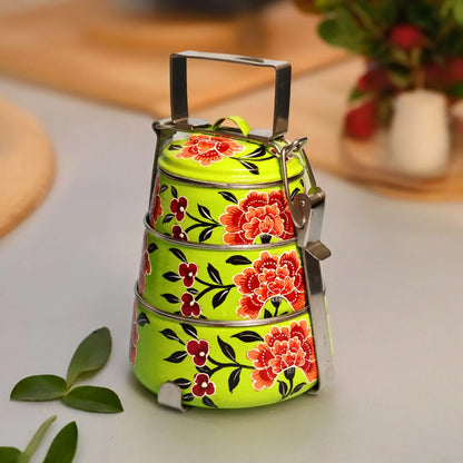 Shri-badri Hand Painted 3 Tier Steel Lunch Box - Green