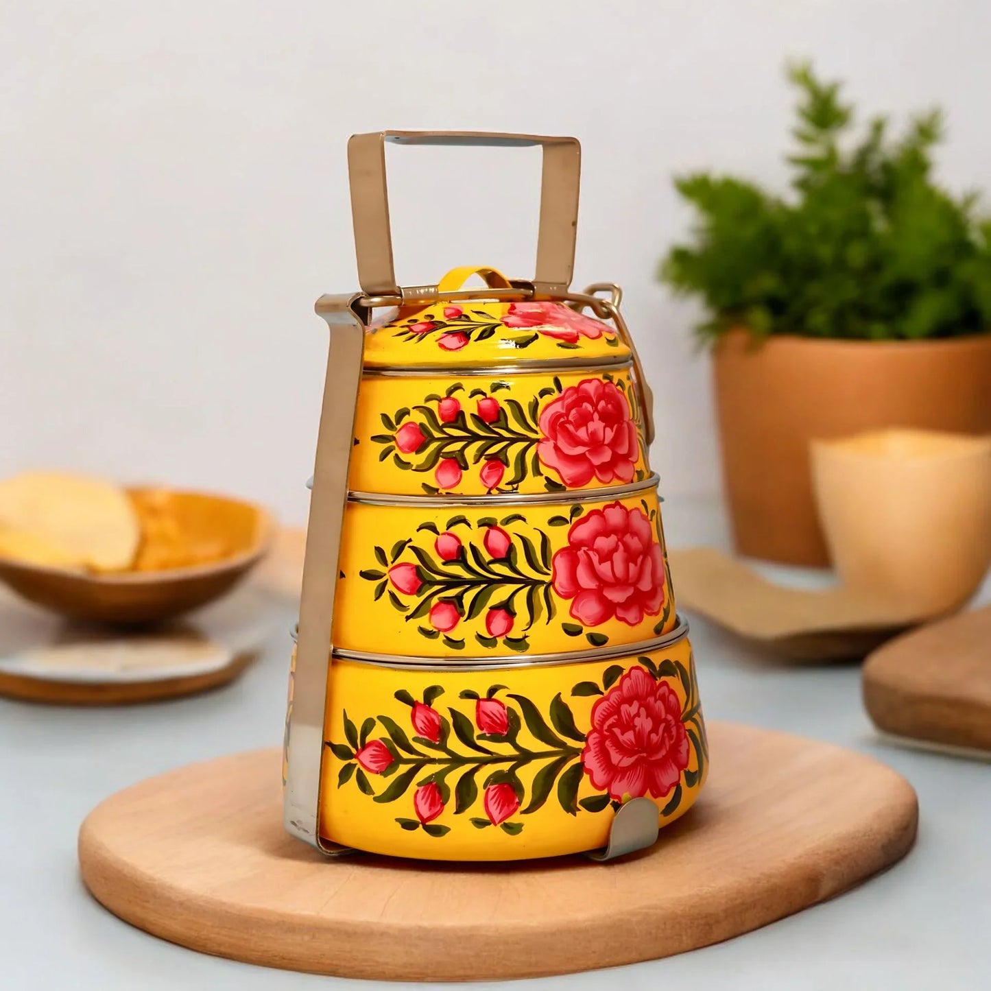 Shri-badri Hand Painted 3 Tier Steel Lunch Box - Yellow With Rose