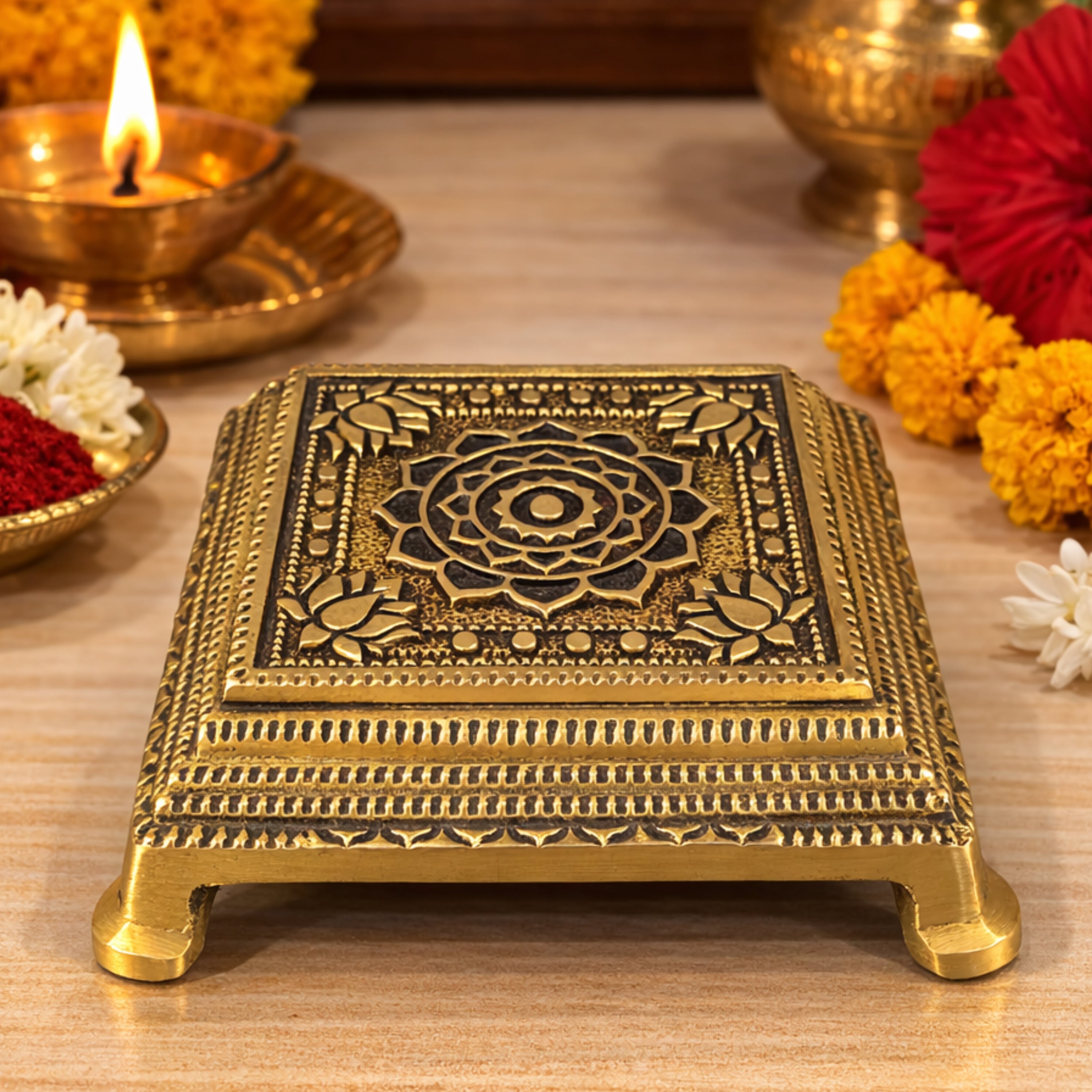 Brass Chowki Idol for Puja, Handcrafted Mandir Chowki, Laxmi Ganesh Durga Vishnu Pooja Pedestal, Gold, 5 Inch, 1 Piece