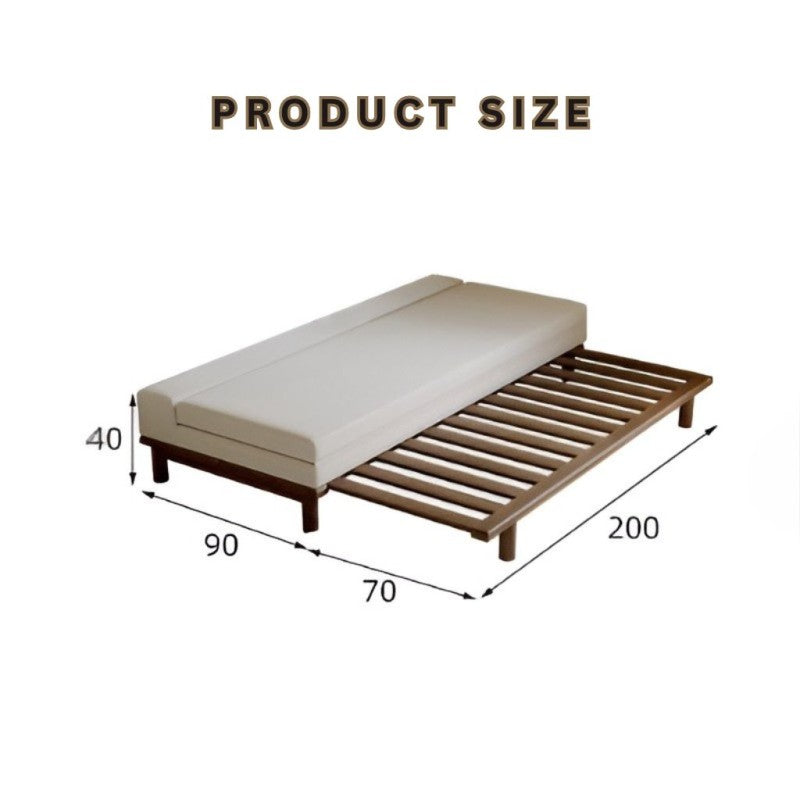Scandinavian Acacia Wood Pull-Out Sofa Bed with Sliding Coffee Table – Beige Polyester