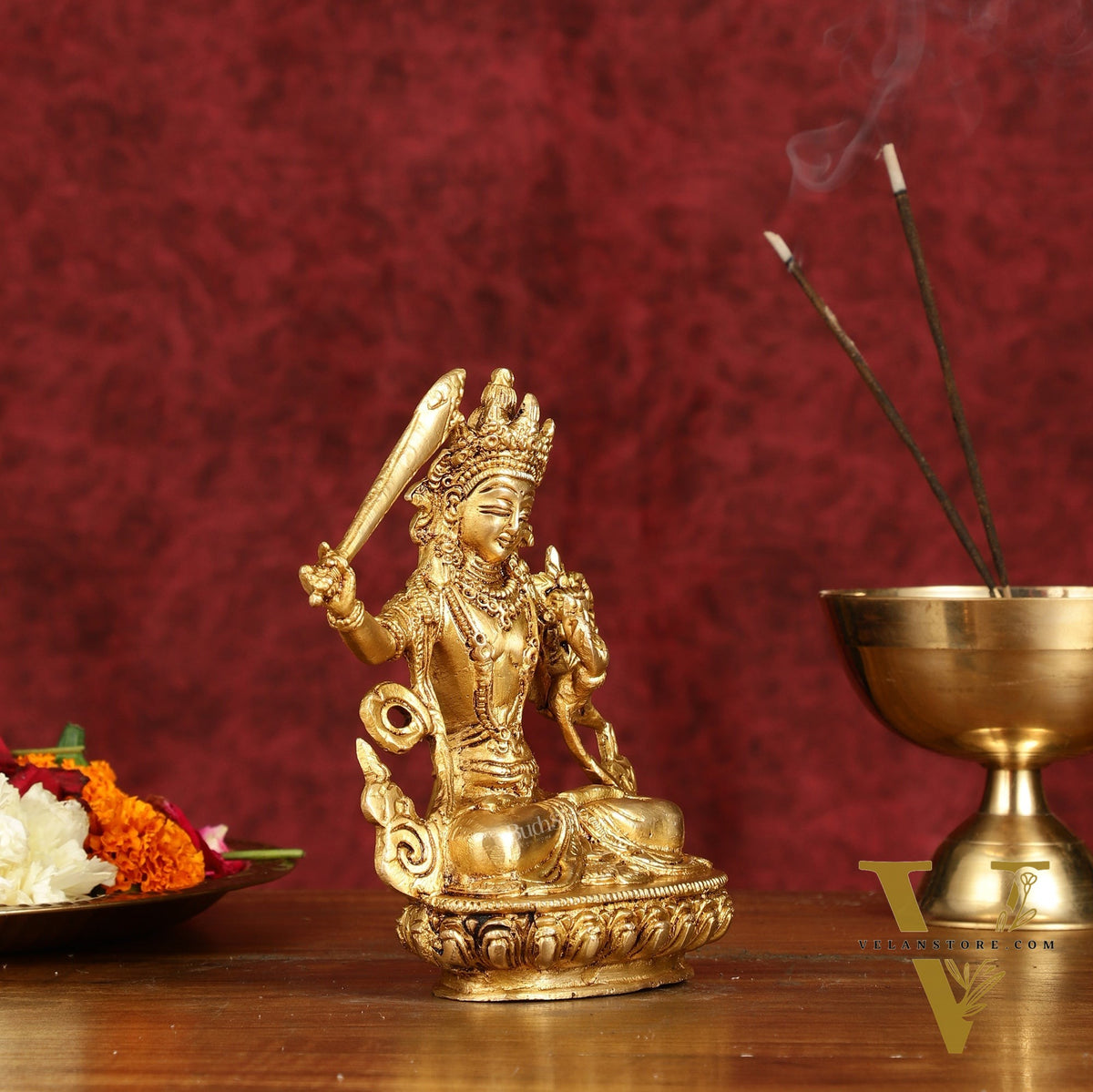 Pure Brass 6-Inch Manjushri Bodhisattva of Wisdom Statue