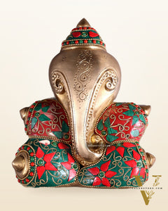 Pure Brass Abstract Lord Ganesha Wall Hanging with Floral Stonework 7"