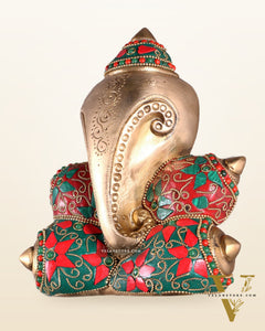 Pure Brass Abstract Lord Ganesha Wall Hanging with Floral Stonework 7"