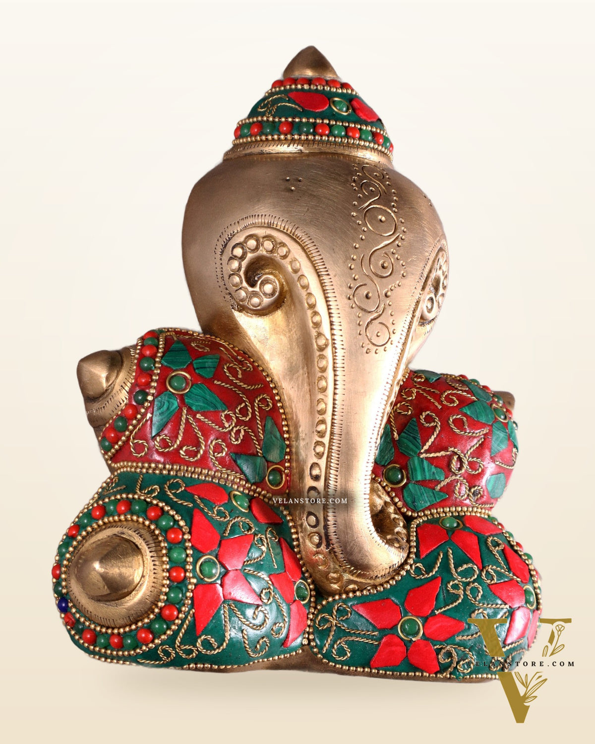 Pure Brass Abstract Lord Ganesha Wall Hanging with Floral Stonework 7"