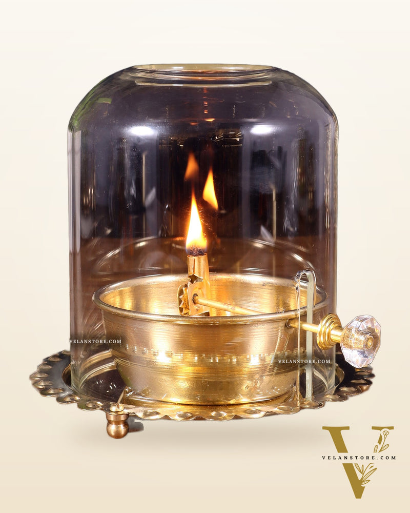 Pure Brass Akhand Diya with Glass Cover & Adjustable Baati