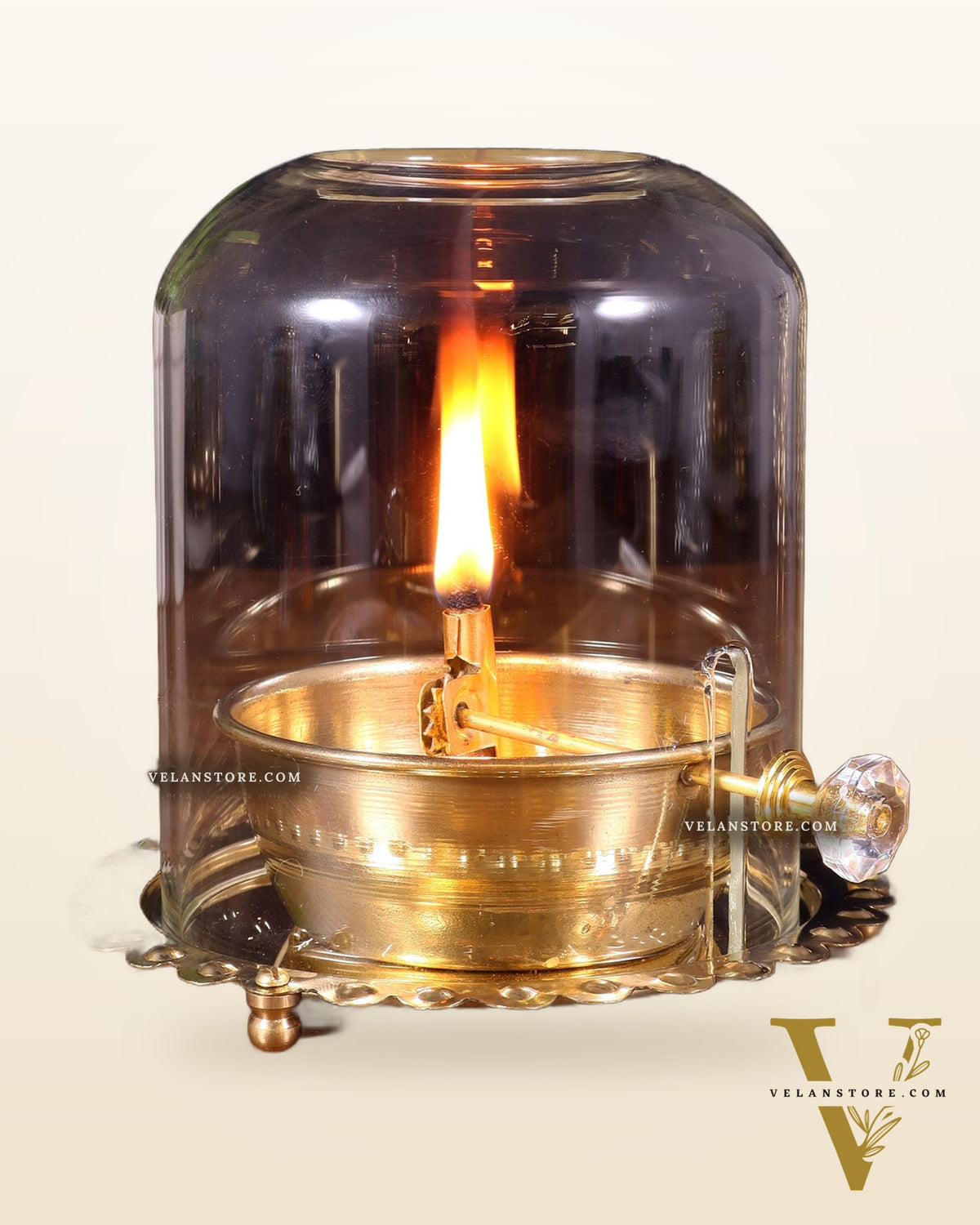 Pure Brass Akhand Diya with Glass Cover & Adjustable Baati
