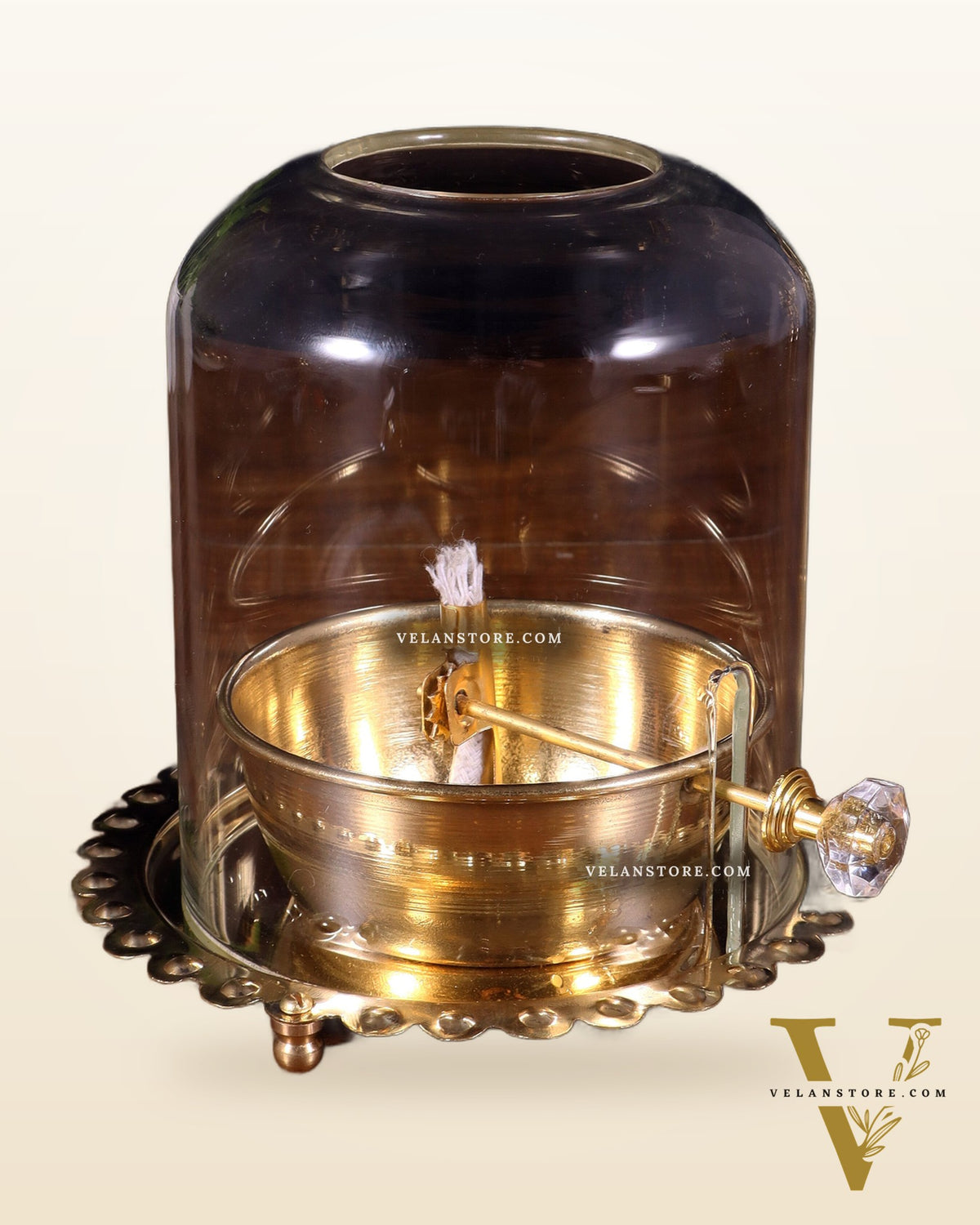Pure Brass Akhand Diya with Glass Cover & Adjustable Baati