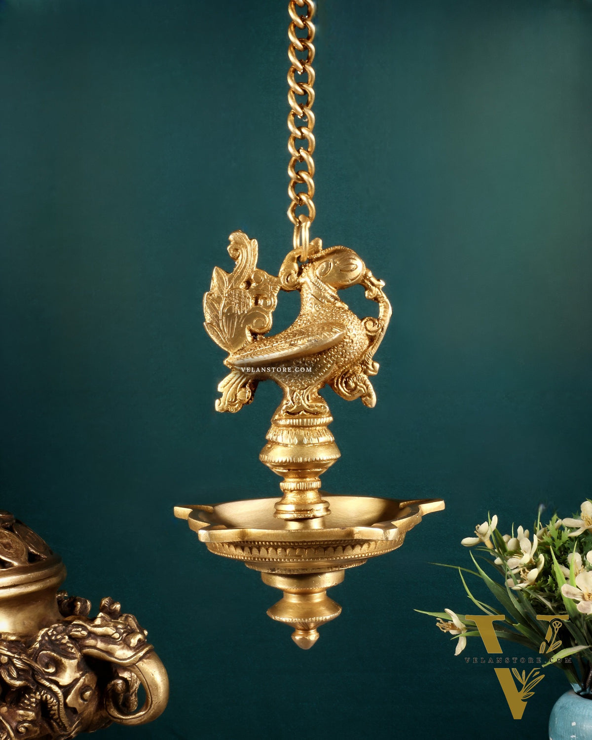 Pure Brass Annam Pakshi Peacock Hanging Oil Lamp Diya – Intricately Crafted