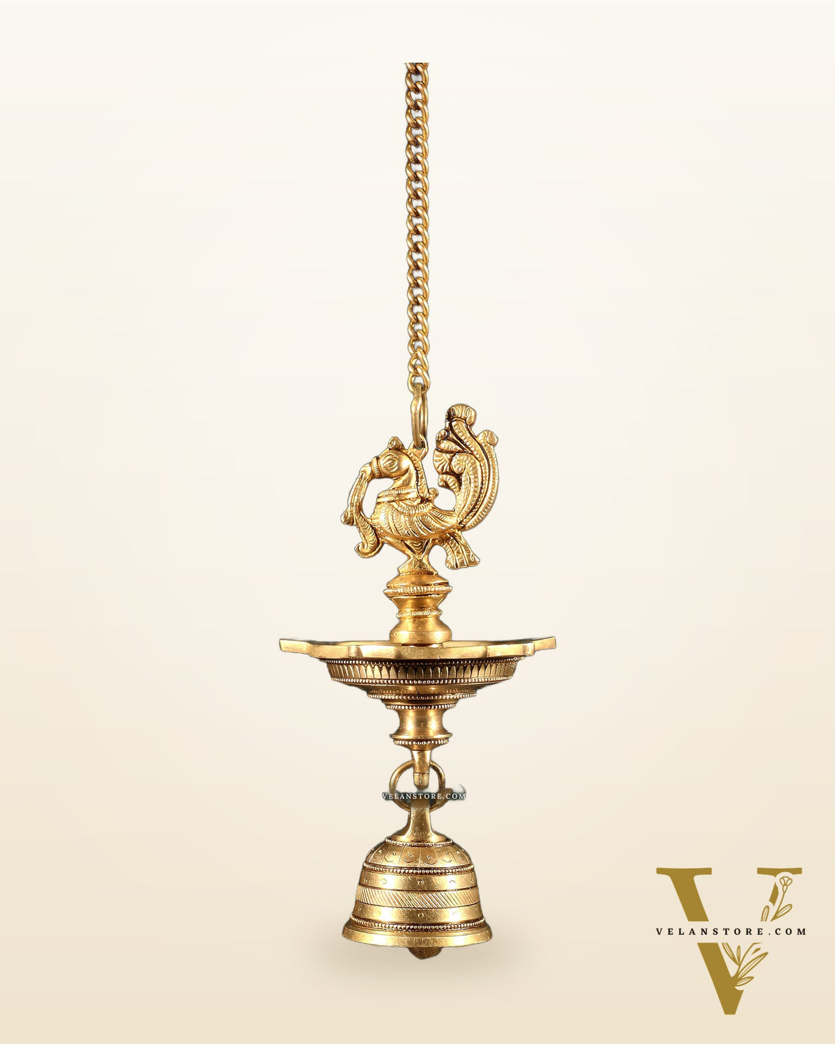 Pure Brass Annam Peacock Hanging Diya with Bell – Intricately Crafted