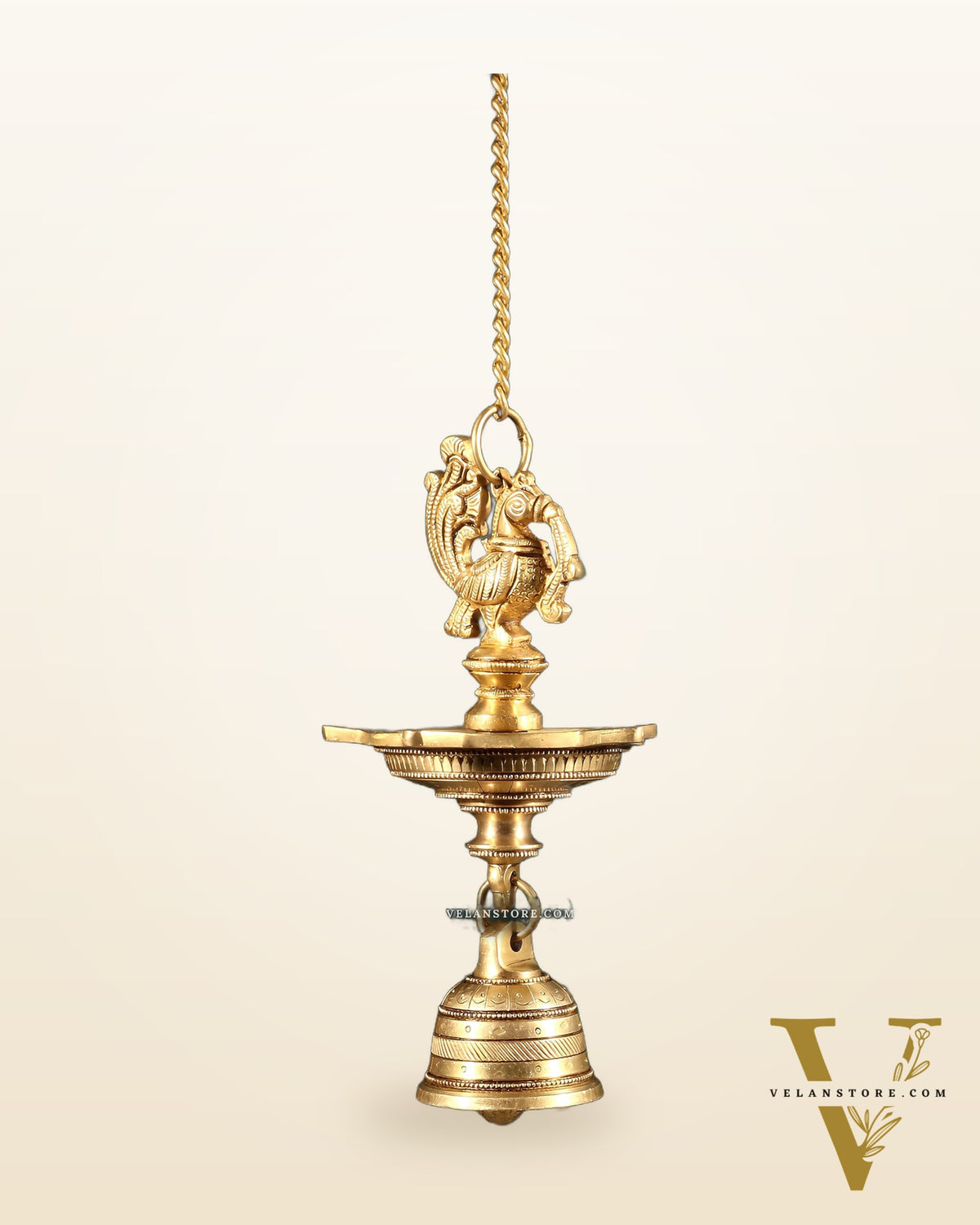 Pure Brass Annam Peacock Hanging Diya with Bell – Intricately Crafted