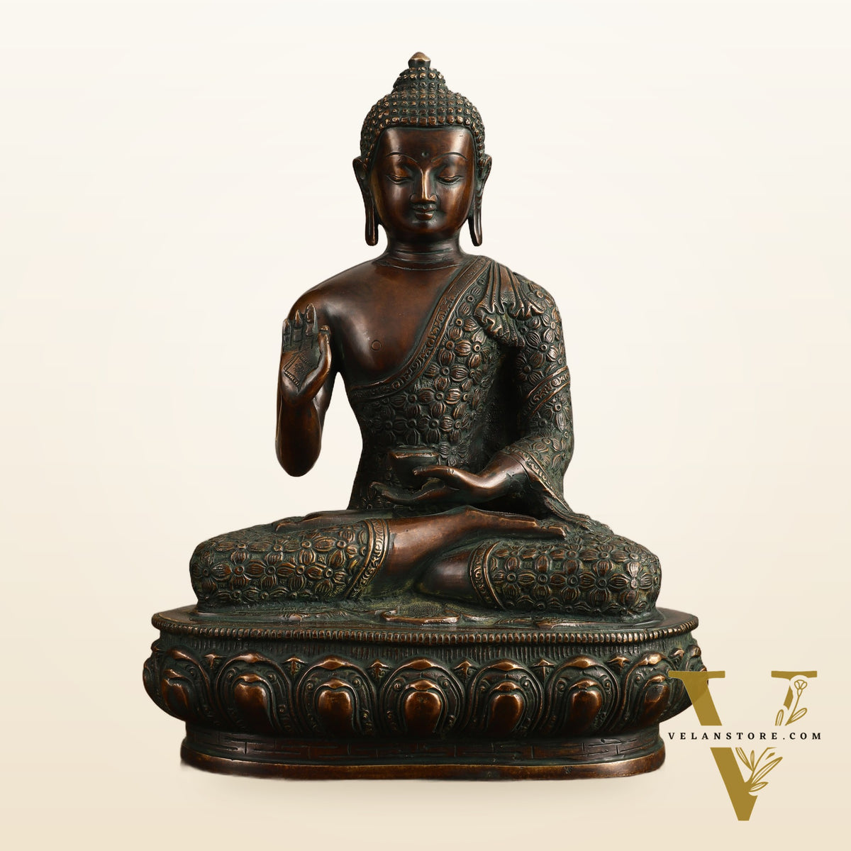 Pure Brass Antique Buddha Blessing Statue - 13.5" Height