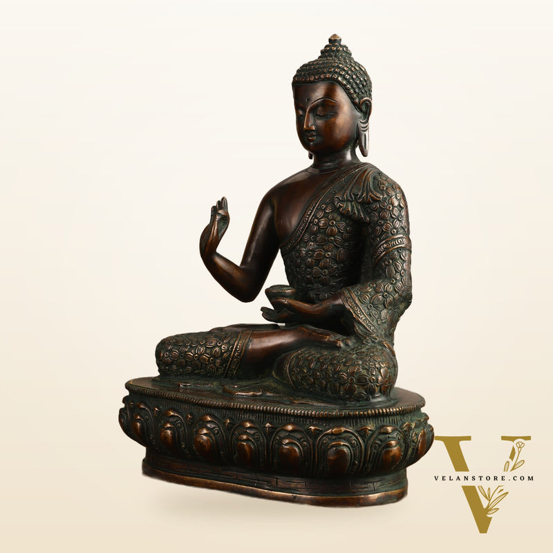 Pure Brass Antique Buddha Blessing Statue - 13.5" Height