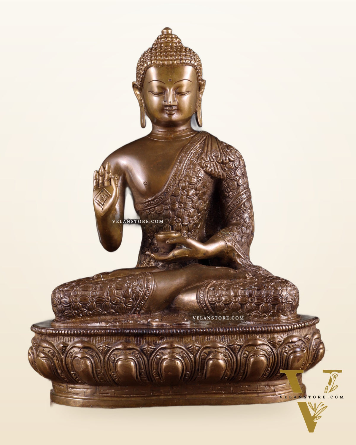 Pure Brass Antique Buddha Blessing Statue - 13.5" thick Copper tone