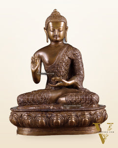 Pure Brass Antique Buddha Blessing Statue - 13.5" thick Copper tone