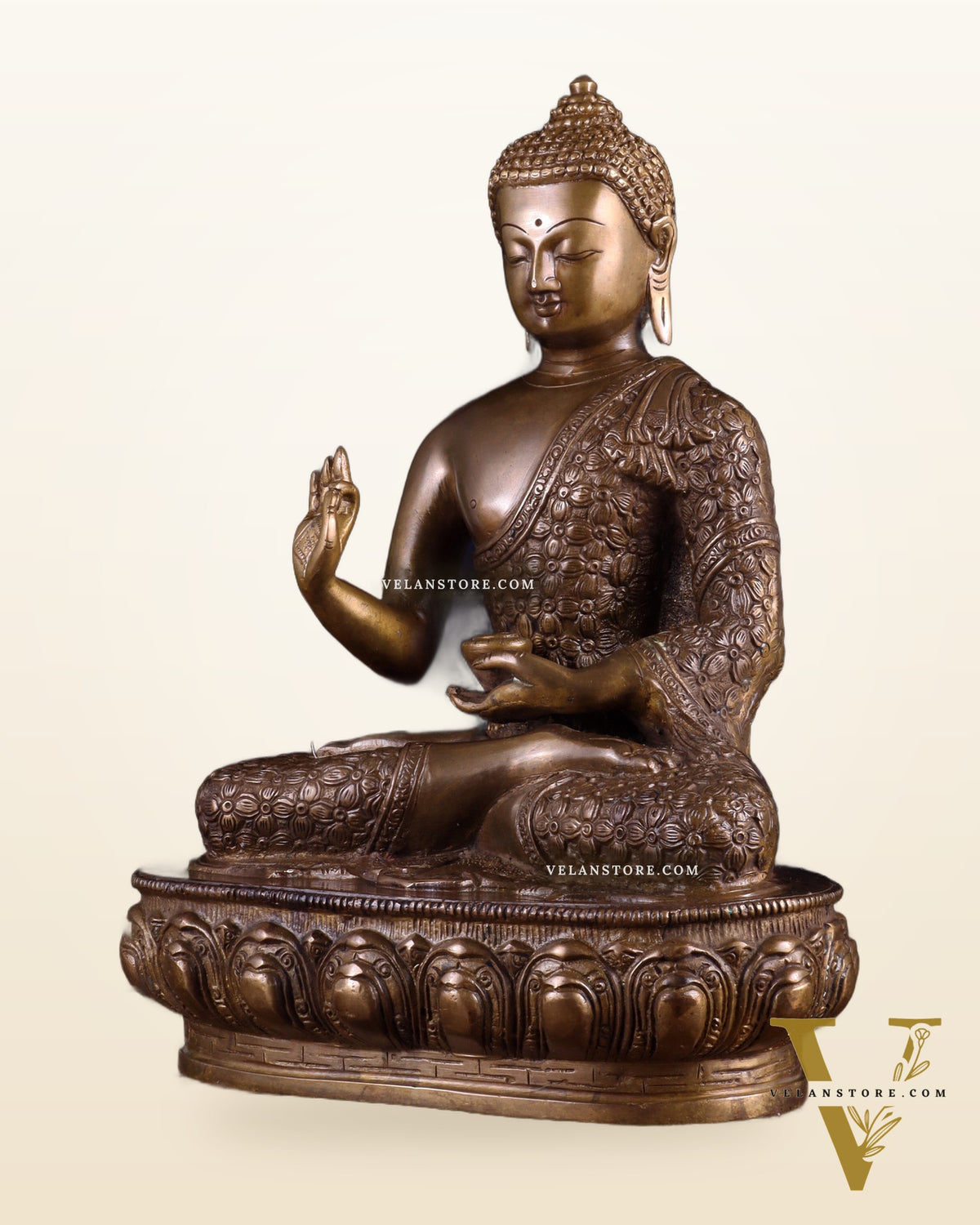 Pure Brass Antique Buddha Blessing Statue - 13.5" thick Copper tone