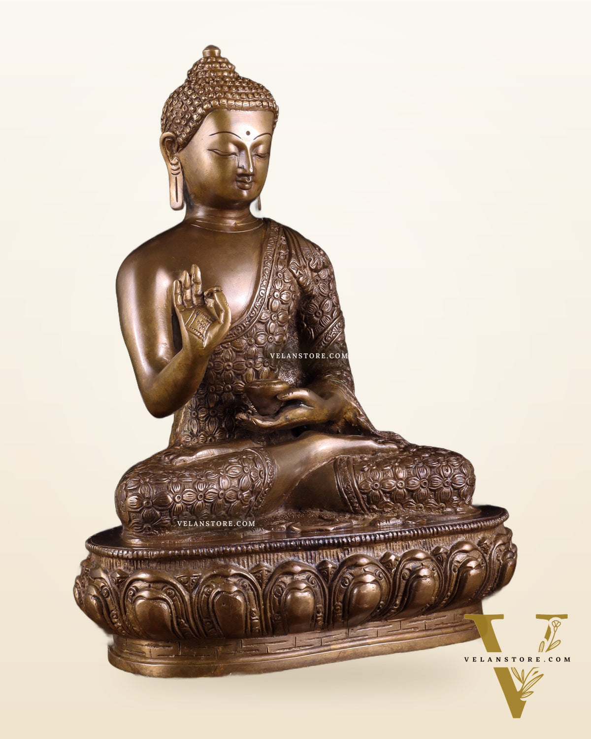 Pure Brass Antique Buddha Blessing Statue - 13.5" thick Copper tone