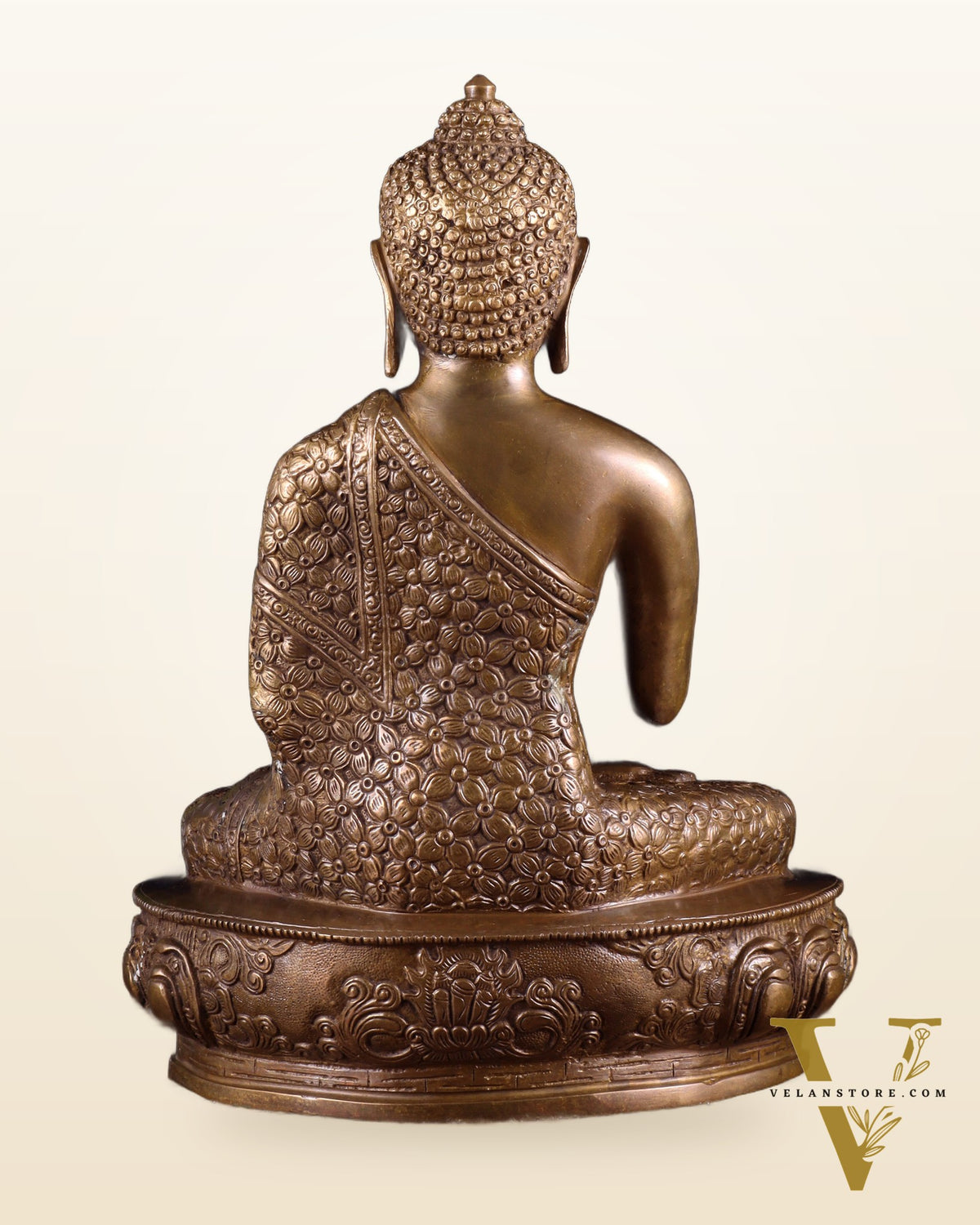 Pure Brass Antique Buddha Blessing Statue - 13.5" thick Copper tone
