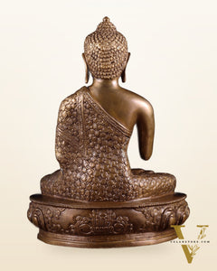 Pure Brass Antique Buddha Blessing Statue - 13.5" thick Copper tone