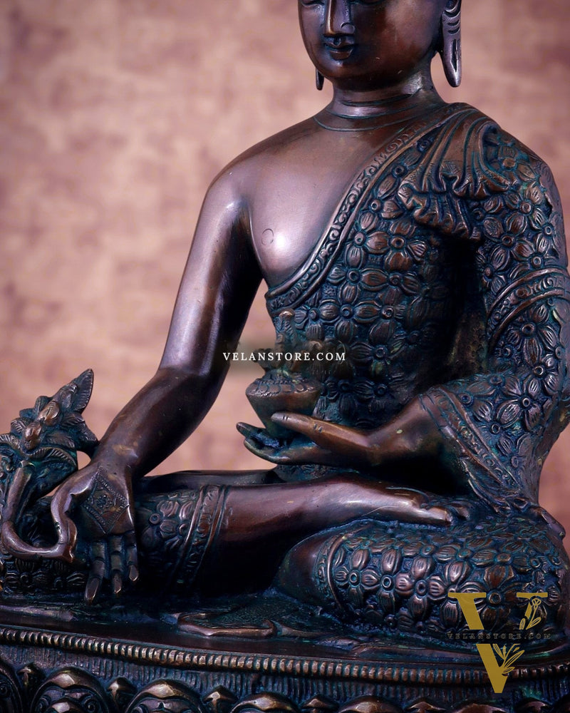 Pure Brass Antique Buddha medicine Statue - 13.5" Height