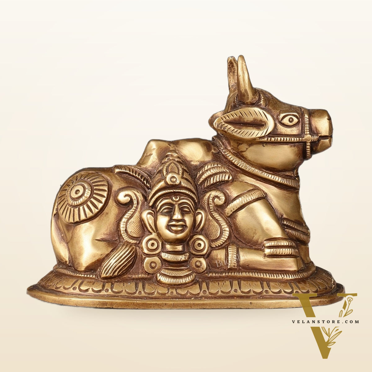 Pure Brass antique Nandi Idol with Shiv Gauri Carving 6"