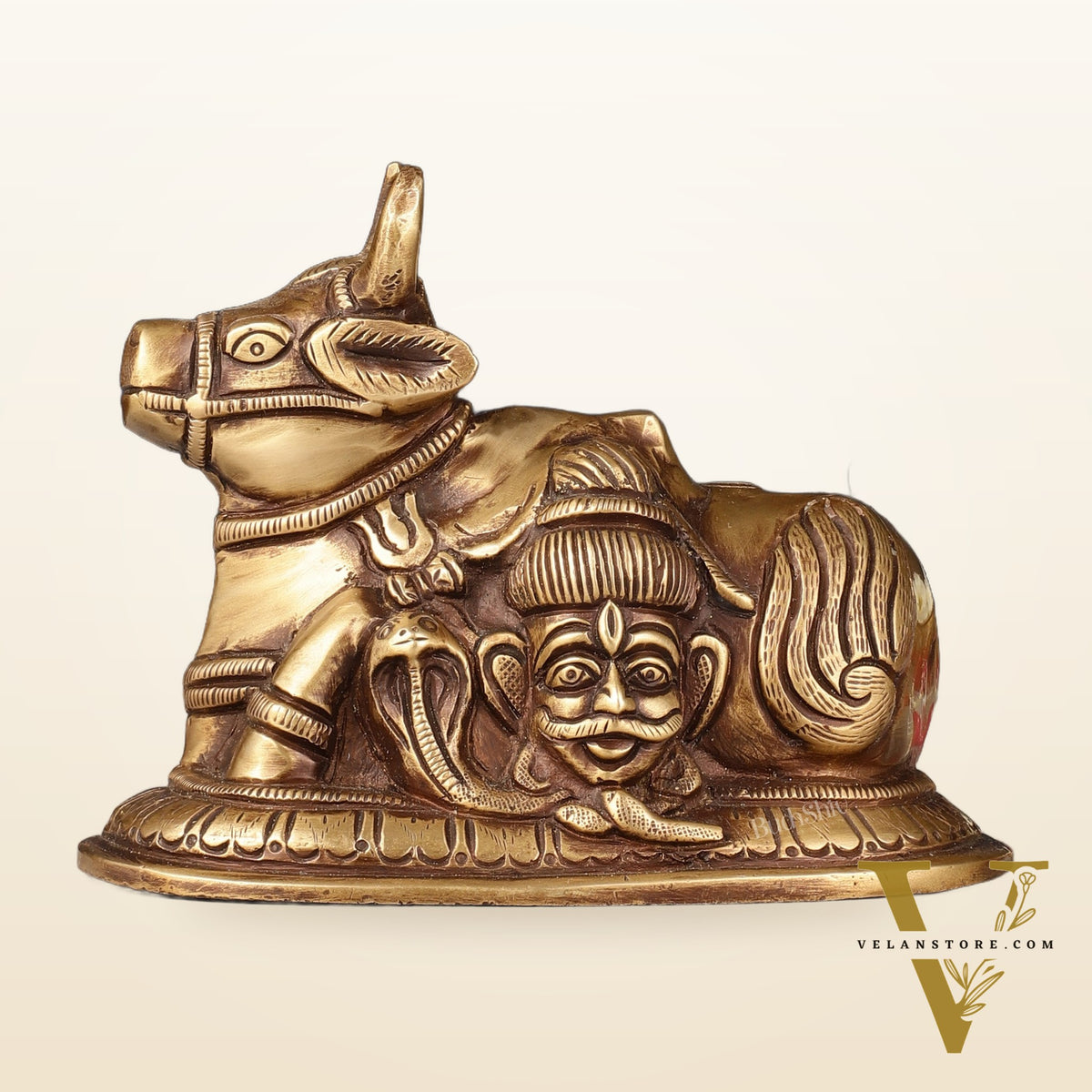 Pure Brass antique Nandi Idol with Shiv Gauri Carving 6"