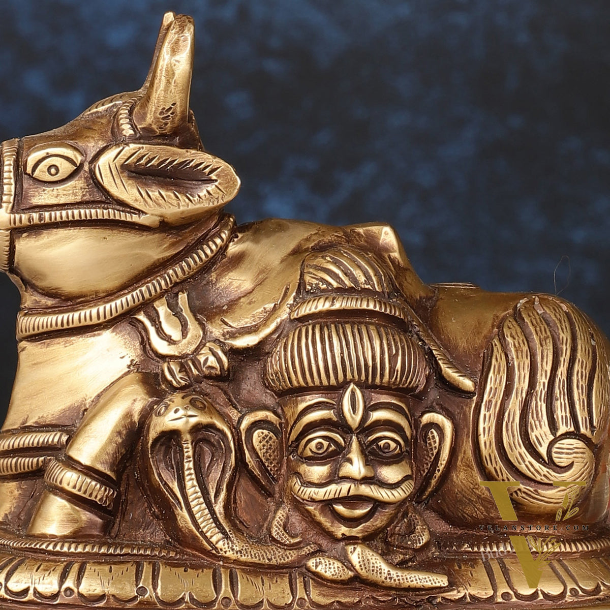 Pure Brass antique Nandi Idol with Shiv Gauri Carving 6"