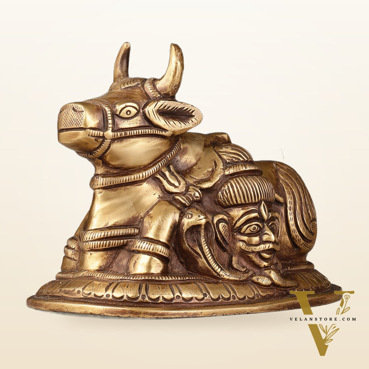 Pure Brass antique Nandi Idol with Shiv Gauri Carving 6"