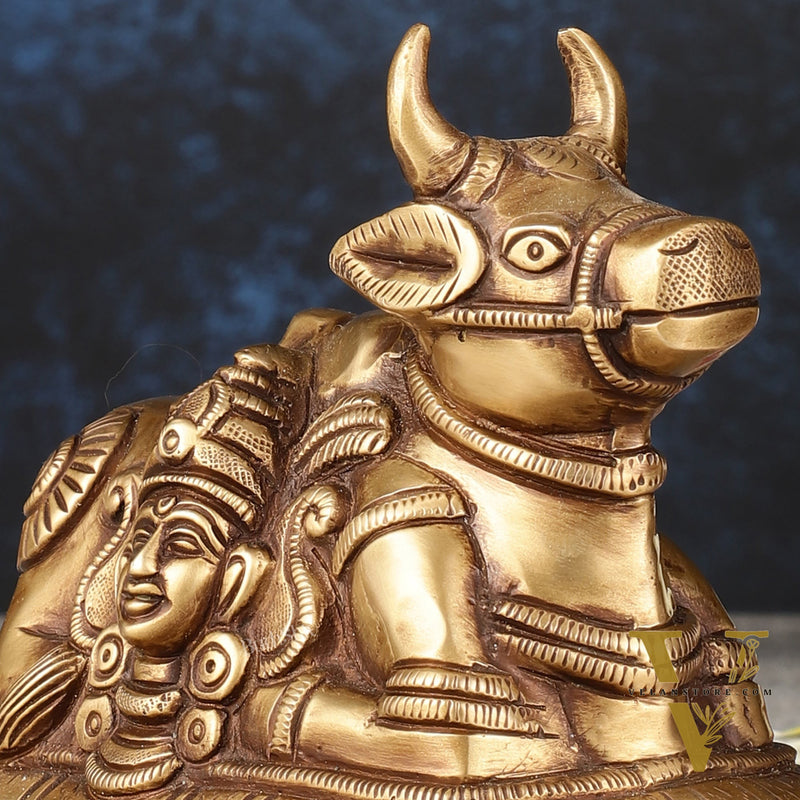 Pure Brass antique Nandi Idol with Shiv Gauri Carving 6"